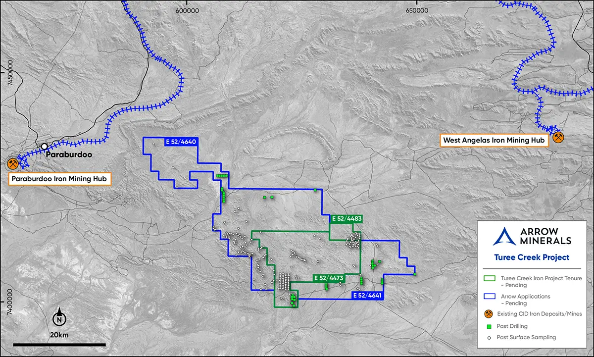 Arrow Minerals Turee Creek Project map showing tenement applications E52/4473, E52/4483, E52/4640 and E52/4641 between the Paraburdoo and West Angelas iron mining hubs